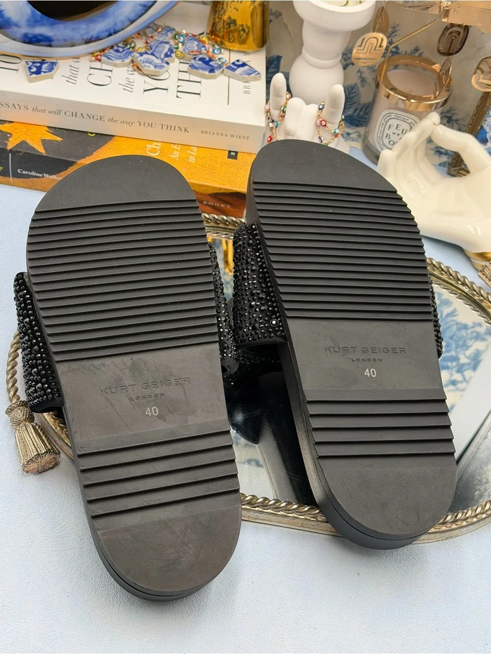 🆕 KURT GEIGER LONDON 🧿 NWOB Brockwell Strass Black Crystal Slide Sandal